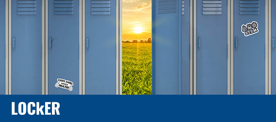 A photo of school lockers with one locker open, showing the sunset over a grassy field.